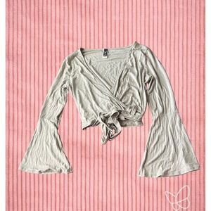 Windsor Sage Green Ribbed Wrap Top Bell Sleeve Tie Front XL Boho Hippie Festival